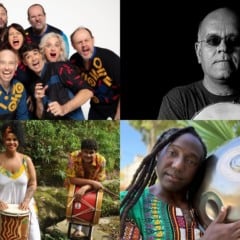 Na montagem, de cima para baixo: Grupo Barbatuques, Marcos Suzano, Negadeza e grupo Rala Coco e Luccas Martins (Fotos: Beto Assem/Giulyanna Cipriano/Divulga&ccedil;&atilde;o)