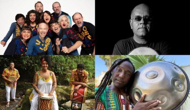 Na montagem, de cima para baixo: Grupo Barbatuques, Marcos Suzano, Negadeza e grupo Rala Coco e Luccas Martins (Fotos: Beto Assem/Giulyanna Cipriano/Divulgação)