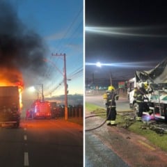 caminhão pega fogo na Serra