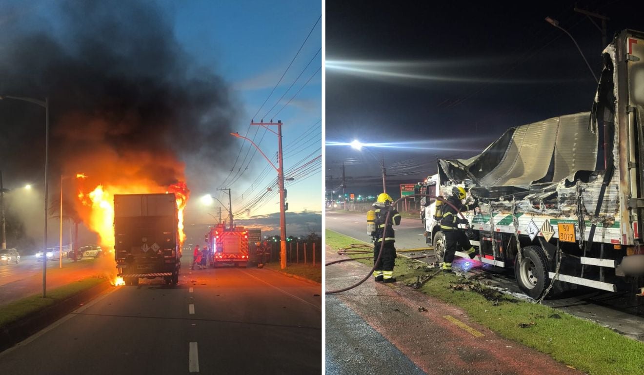 caminhão pega fogo na Serra