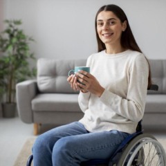 Mulher em cadeira de rodas sorri