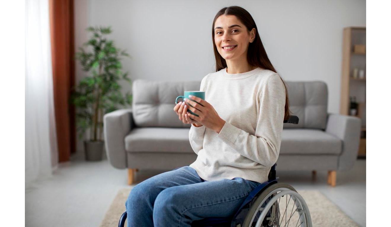 Mulher em cadeira de rodas sorri Mulher em cadeira de rodas sorri