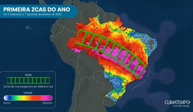 ZCAS se estabelece sobre o Sudeste e intensifica a instabilidade e a chuva persistente em território capixaba. Foto: Climatempo
