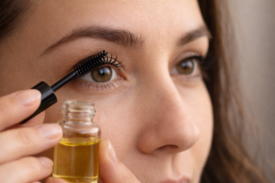 Óleo natural de origem vegetal é usado nos cuidados diários para fortalecer e hidratar os cílios de forma acessível./ ChatGPT