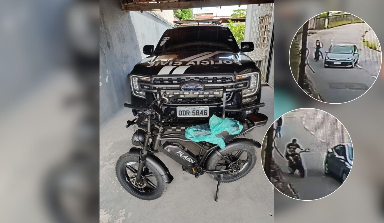 Bicicleta elétrica recuperada pela Polícia Civil, após mulher ser assaltada na Serra