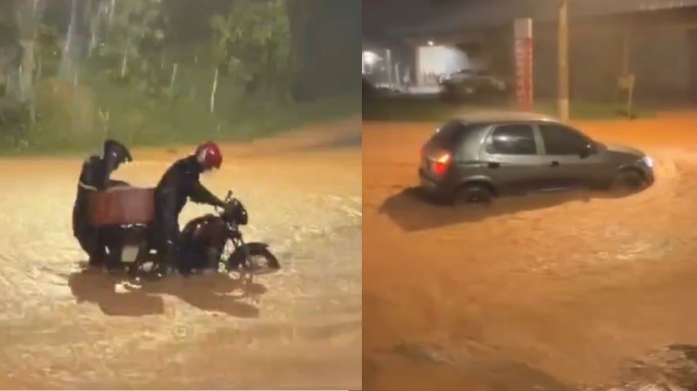 Alagamento p&oacute;s-chuva em I&uacute;na (Foto/reprodu&ccedil;&atilde;o: TV Vit&oacute;ria)