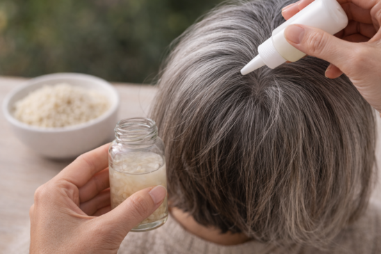 Receitas naturais com arroz são usadas em rotinas caseiras de cuidado com cabelos brancos./ ChatGPT