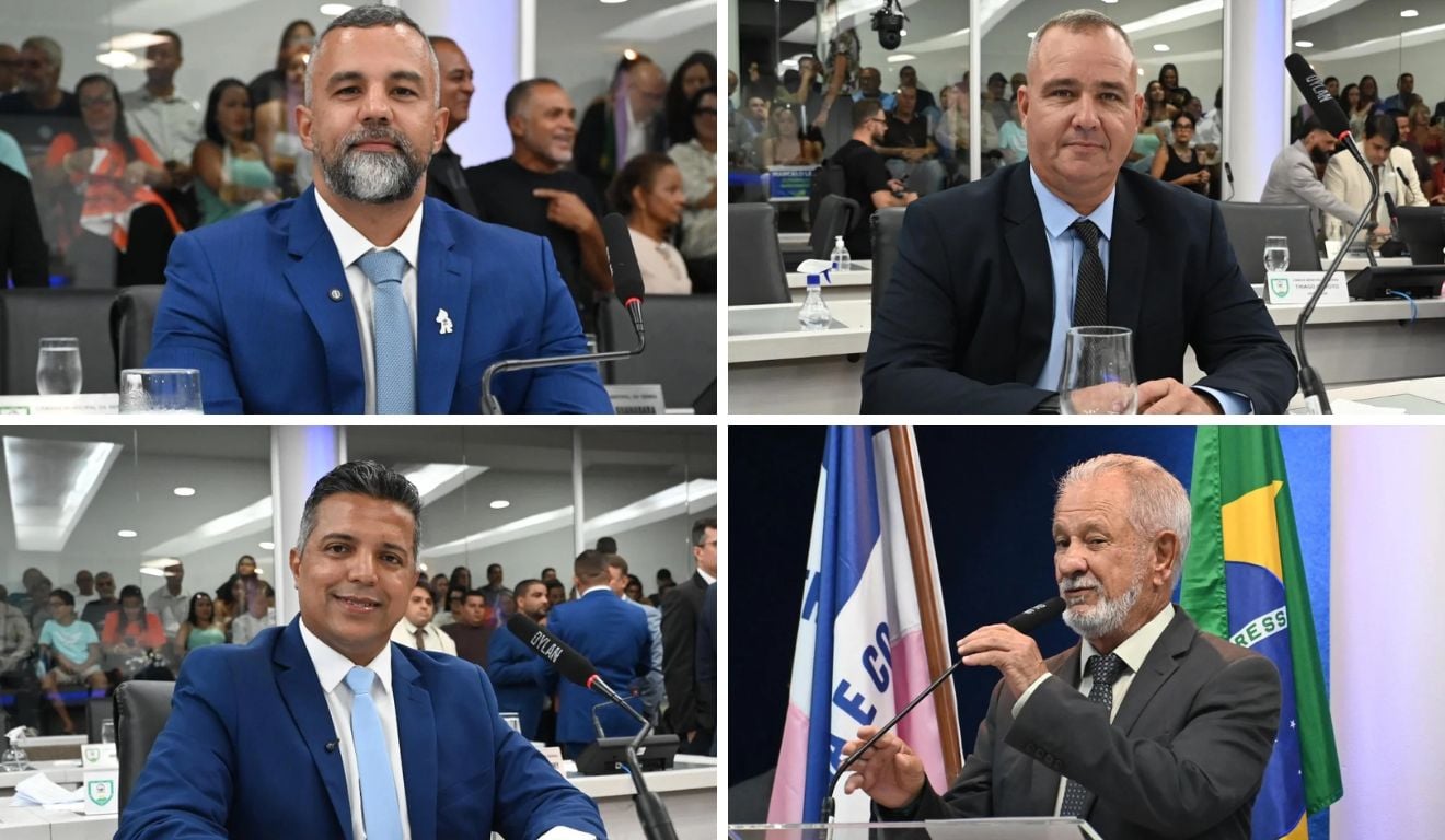 Vereadores Thiago Peixoto, Willian da Elétrica, Marcelo Leal e Sérgio Peixoto tomaram posse. Foto: Thiago Soares/Folha Vitória Vereadores Thiago Peixoto, Willian da Elétrica, Marcelo Leal e Sérgio Peixoto tomaram posse. Foto: Thiago Soares/Folha Vitória