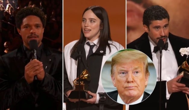 Trevor Noah, Billie Eilish e Bad Bunny; em destaque, Donald Trump (Foto: @RecordingAcademy via Youtube/Isac Nóbrega/PR)