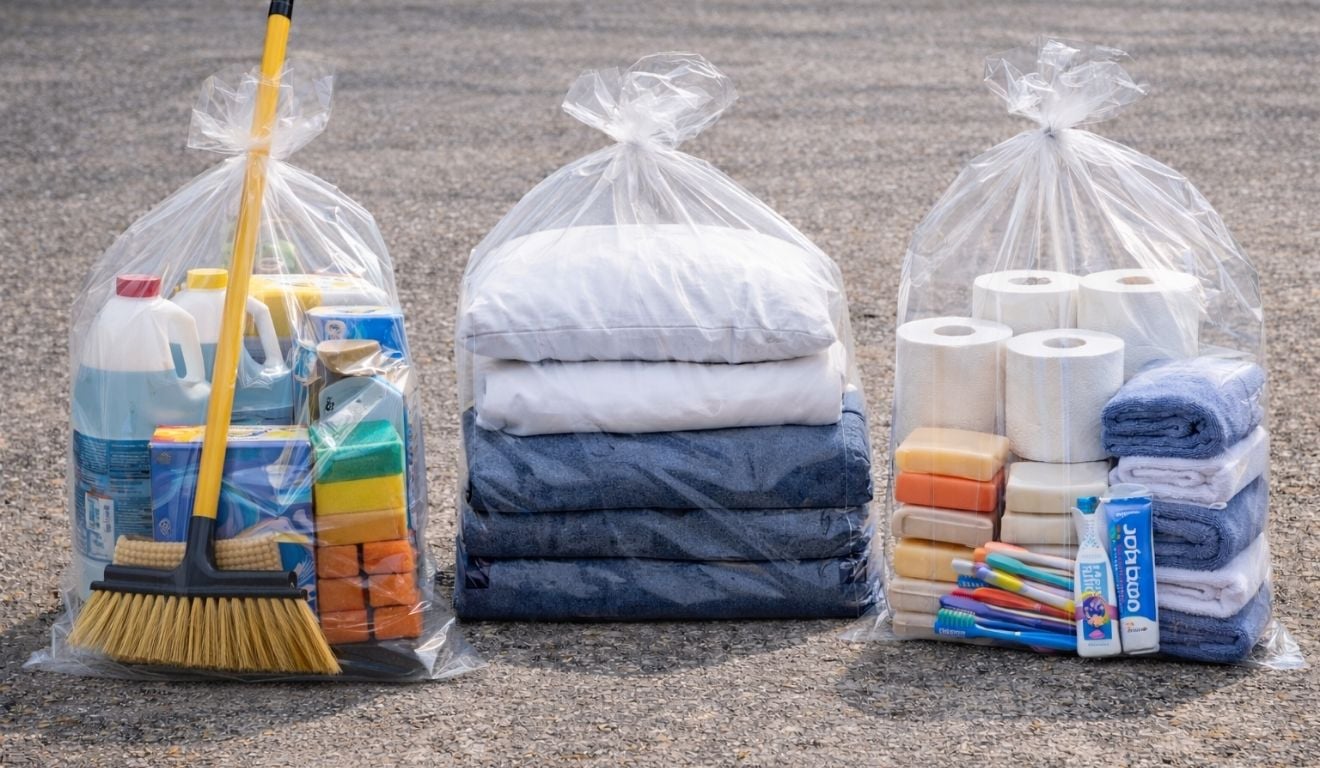 Ilustração de kits de doação para vítimas de chuvas