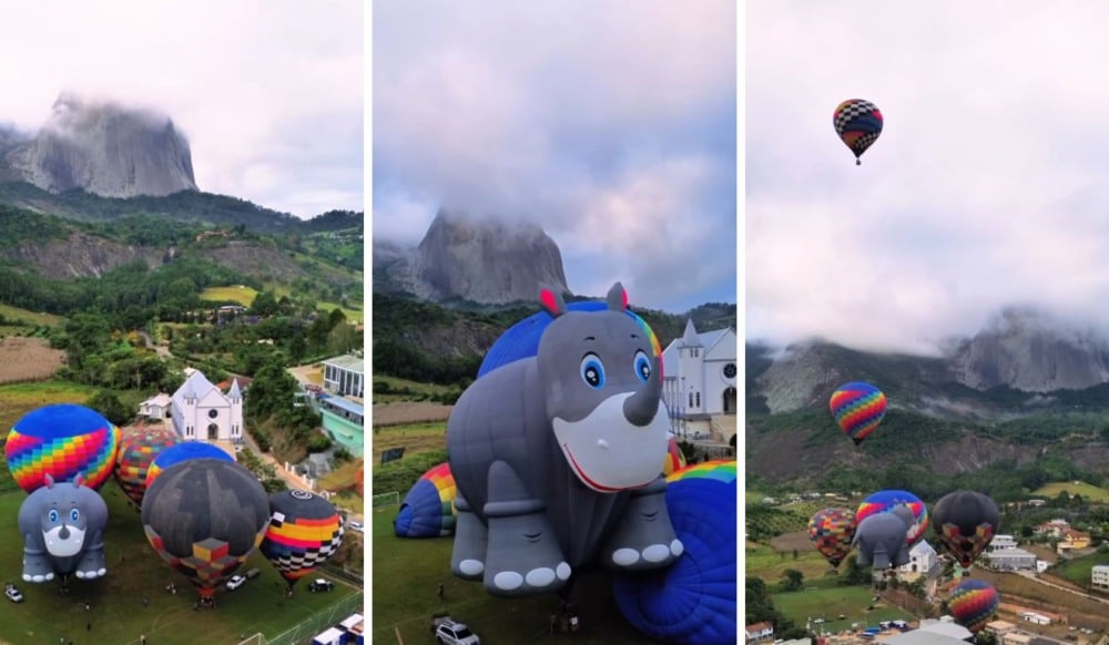 Balão em formato de rinoceronte encanta turistas em Pedra Azul