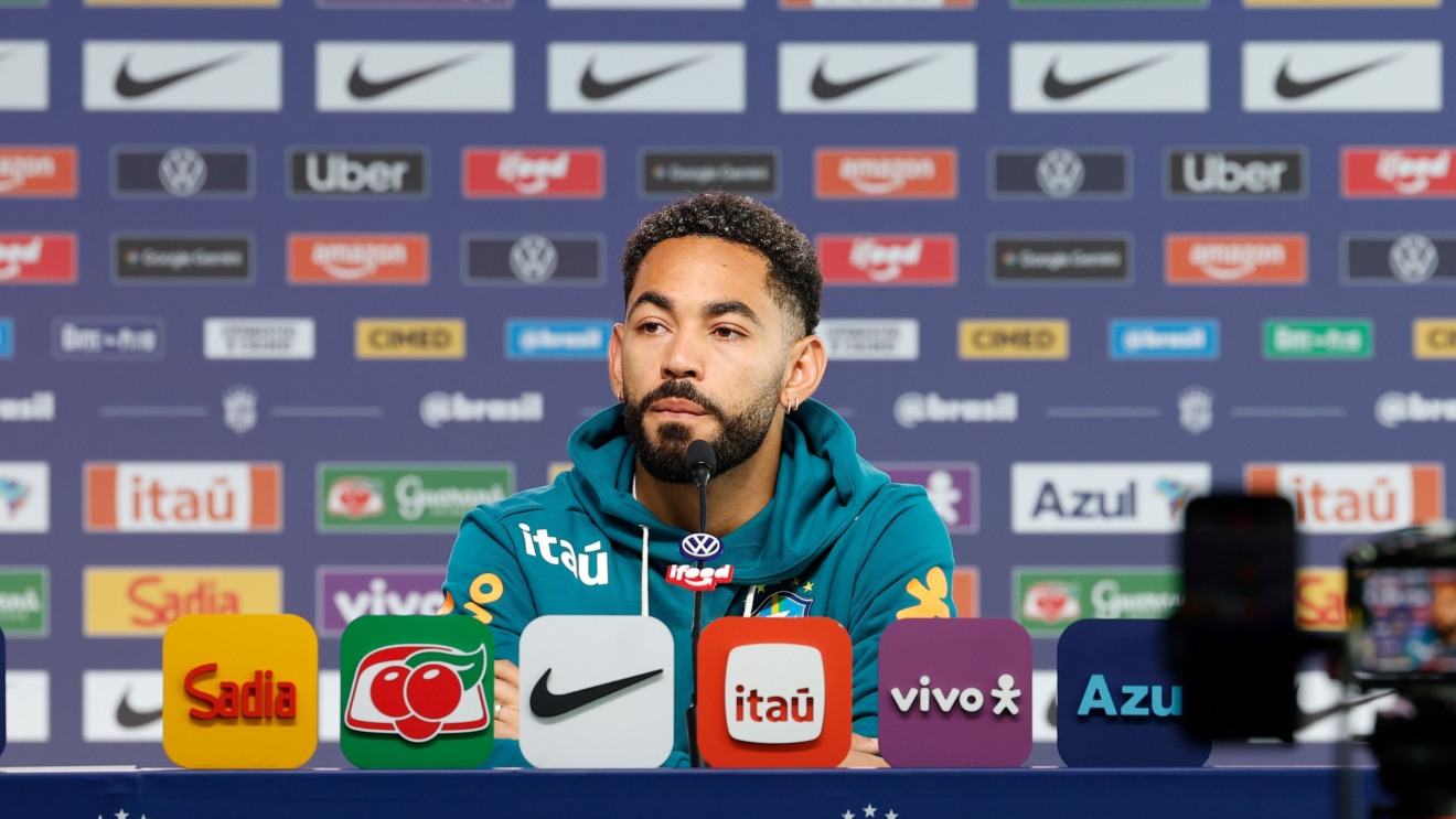 Matheus Cunha em entrevista coletiva na Granja Comary. Seleção Brasileira