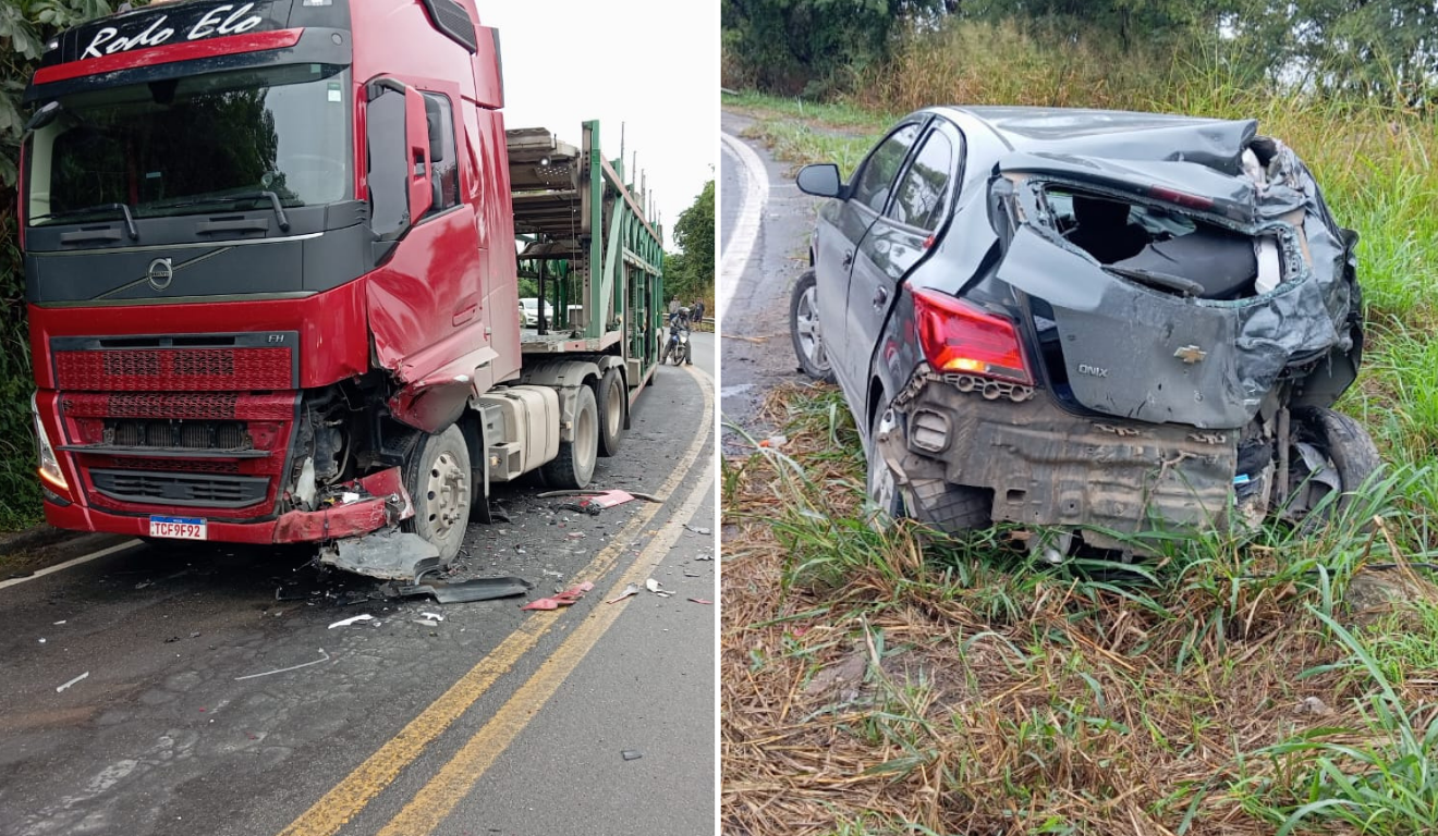 Carro roda na pista e bate em carreta na BR 262, em Domingos Martins