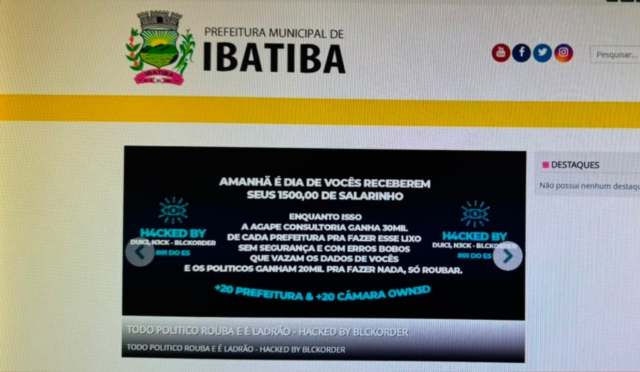 Mais um ataque: site da Prefeitura de Ibatiba é alvo de hacker