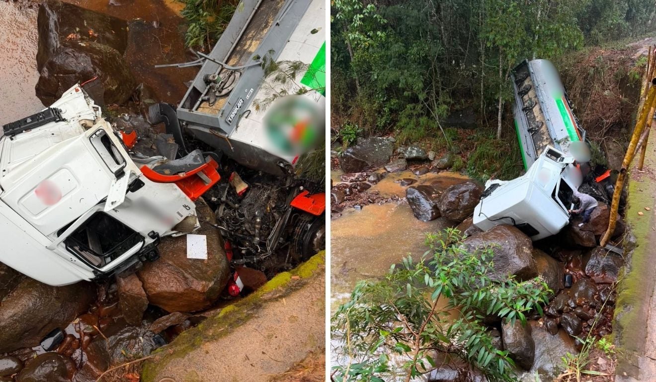 Caminhão com 17 mil litros de combustível cai de ponte e vai parar em córrego no ES - QTU Questões do Universo