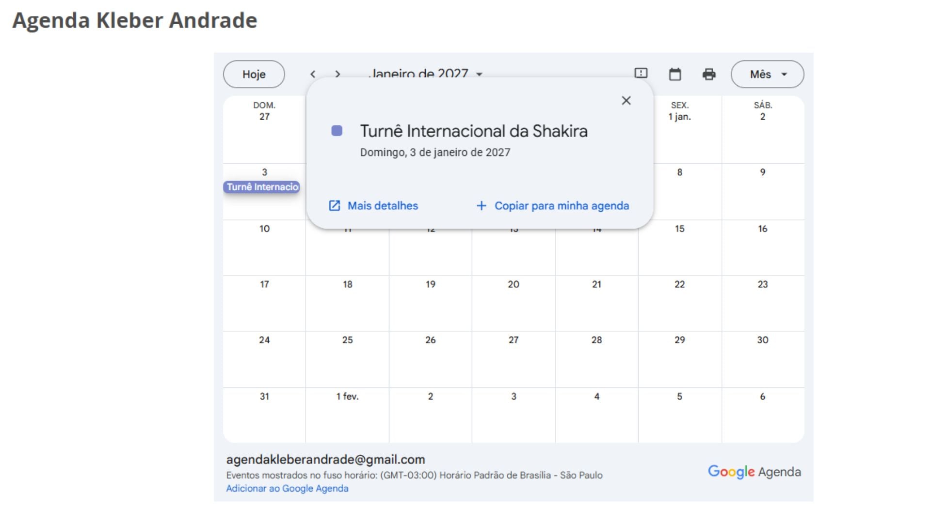 Panorama: Show de Shakira entra na agenda do Kleber Andrade em janeiro de 2027