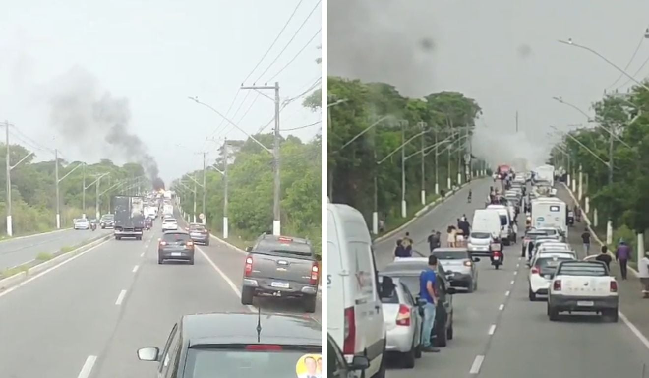 Carro pega fogo na ES-010 e paralisa trânsito na Serra